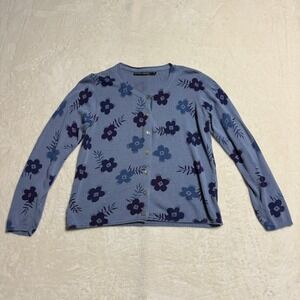 Gudrun Sjoden Floral Cardigan Sweater Size Small Blue Linen Cotton